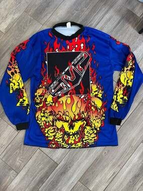 Crazy RARE Vintage SMP Motocross Jersey Blue Flaming Skull Graphic - Medium